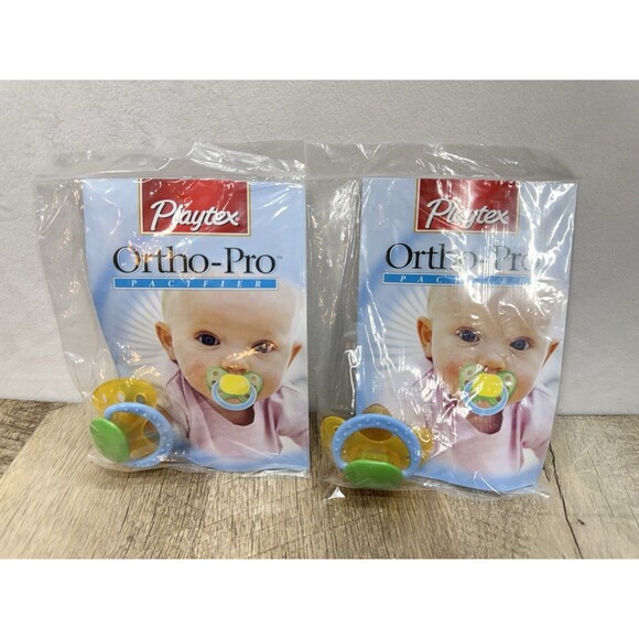 Vintage Playtex Latex Ortho-Pro Pacifier Binky Lot Of 2 Blue Green Yellow NEW - Picture 1 of 7